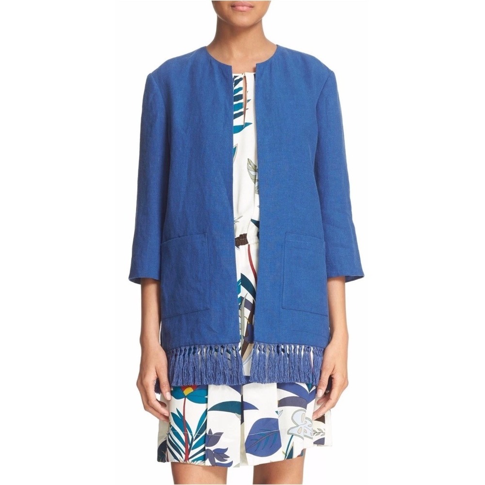 Tory Burch Emily Fringe Trim Linen Jacket Blue Quiet Luxury Boho Costal NWT